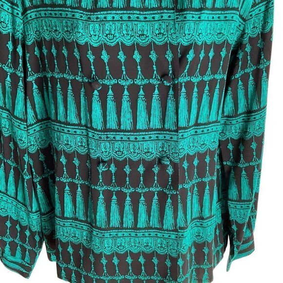 Ann May Blouse Silk Button Down Black Green Tassel Print Long Sleeve Medium - Picture 6 of 11